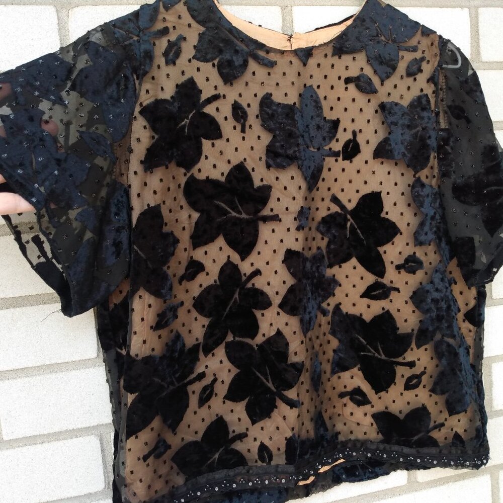 Vintage Burn Out Velvet Black Top Blouse Femme de Carriere Size Small 36 Made in - Picture 3 of 11
